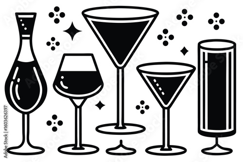 Black beverage glasses and bottle with sparkling elements white illustration