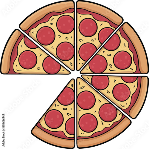 Delicious pepperoni pizza sliced into six pieces with one slice separated