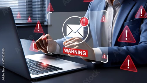 Person in blue suit using laptop with floating email warning icon and red alert symbols around, indicating a cyber threat. Concept of phishing attack, cybersecurity and email protection
