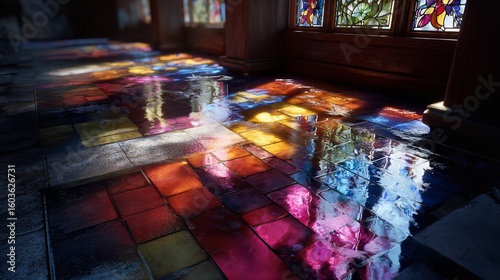 Vivid sunlight shines through stained-glass patterns, creating a mesmerizing display of color on the church floor.