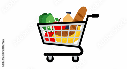 Shopping Cart Filled with Fresh Groceries, Ready for Purchase.