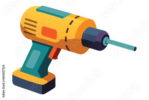 Isometric Cordless Drill Illustration with a Yellow and Teal Color Scheme For DIY Projects and Home Improvement Needs