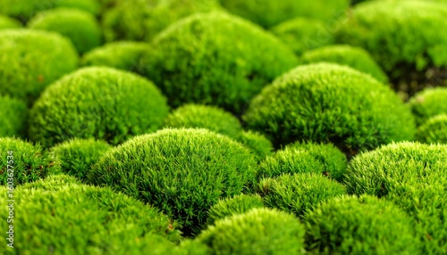 Close-up view of many round clumps of vibrant green moss