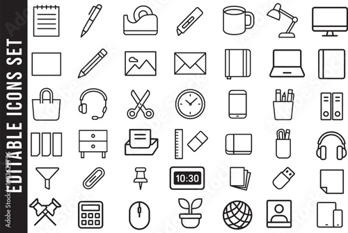 An Editable Set of Black and White Line Art Icons for Office Supplies and Stationery