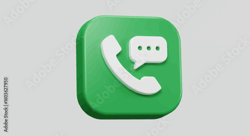3D Rendered Green Icon Featuring a Telephone Handset and Message Bubble Design