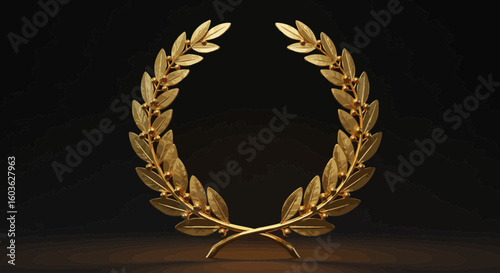 Elegant golden laurel wreath, symbol of victory and achievement on dark background
