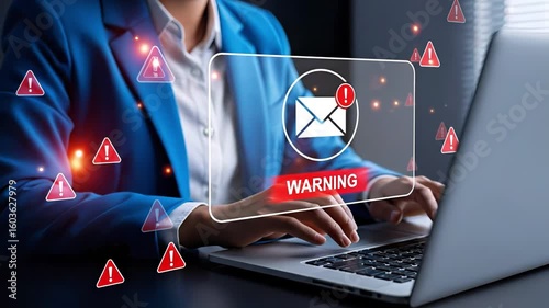 Person typing on laptop with warning symbols and email alert icon indicating potential cyber threat. Concept of email security, phishing scam and cybersecurity awareness in digital communication
