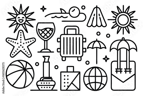 Cheerful sun starfish wine glass suitcase beach ball ship globe umbrellas vector