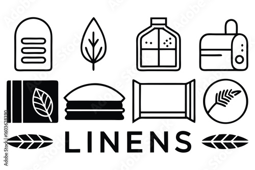 Clean line art icons for natural linen products and packaging leaf