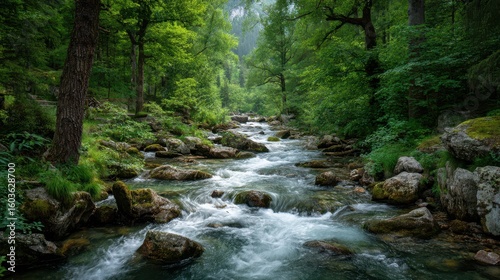 Serene River Flowing Through Lush Green Forest in Tranquil Landscape