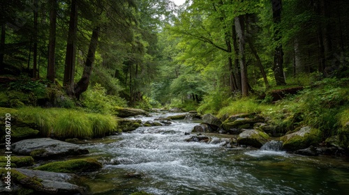 Serene Flowing River Through Lush Green Forest Landscape