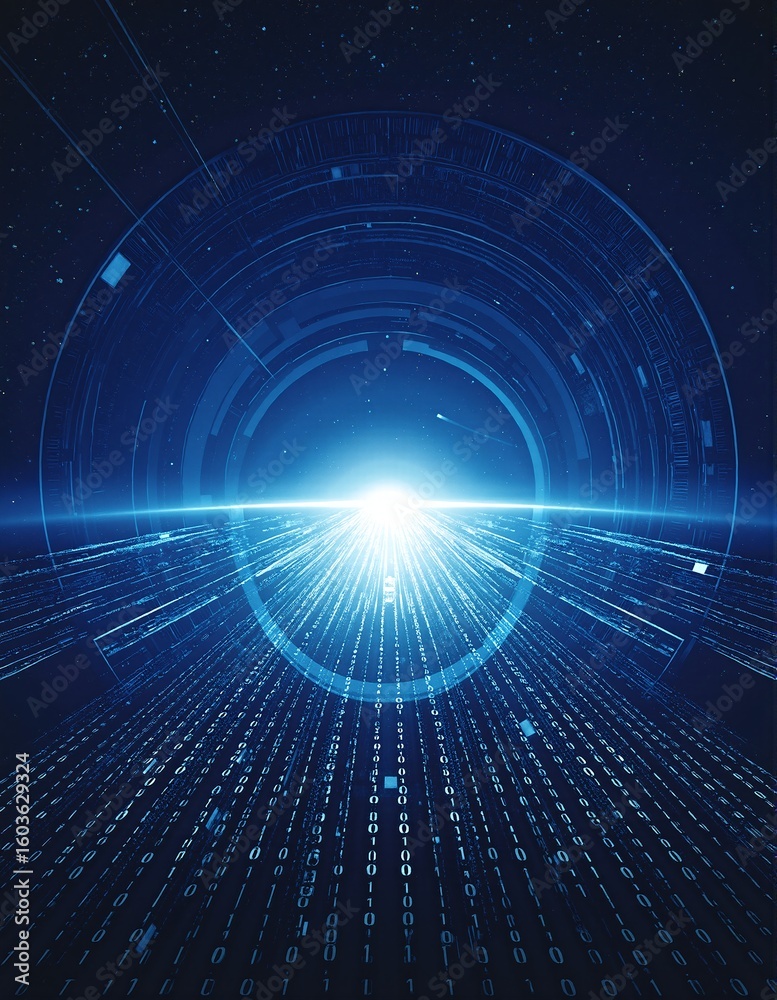 Obraz premium A vibrant blue tunnel filled with cascading lines of glowing binary code, creating a futuristic and immersive digital atmosphere.