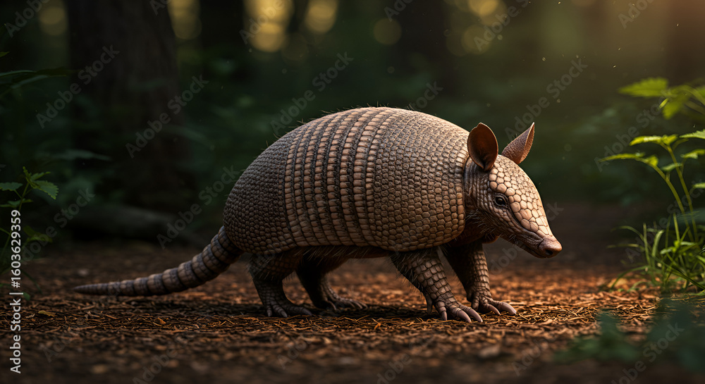 Fototapeta premium Armadillo walking in forest floor sunlight
