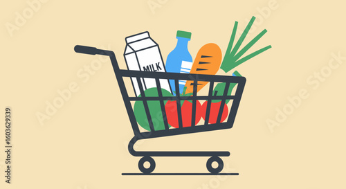 Stylized Shopping Cart Filled with Groceries: Milk, Juice, Carrot, Leeks, and Tomatoes