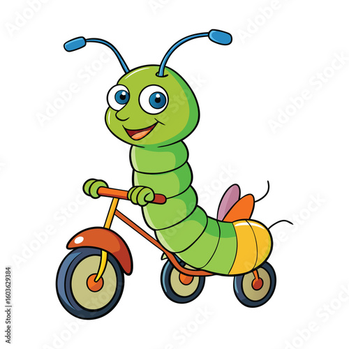 Green caterpillar riding a colorful bicycle insect