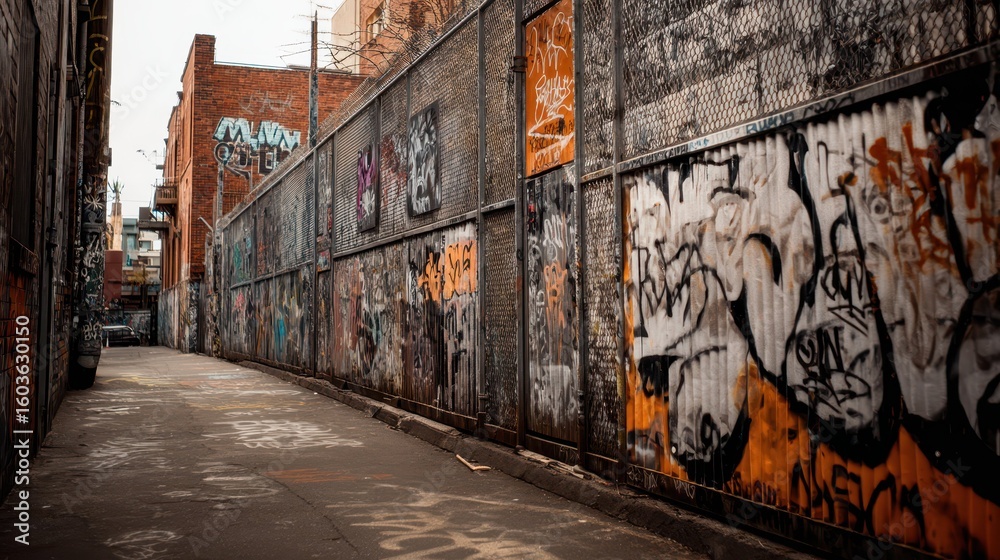 Fototapeta premium Graffiti Covered Fence in Grungy Alleyway with Urban Texture