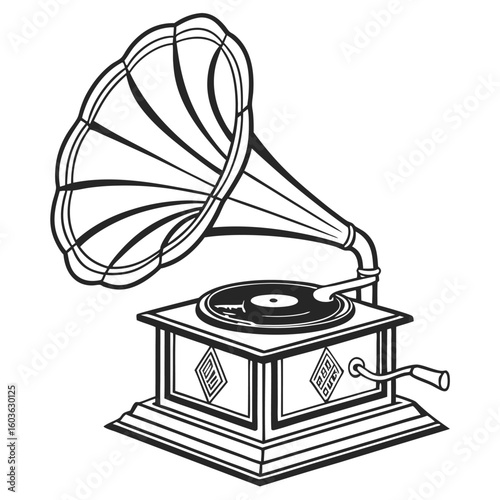 Vintage Gramophone Illustration A Nod to Classic Audio Technology and Antique Music Players A Black and White Nostalgic Design