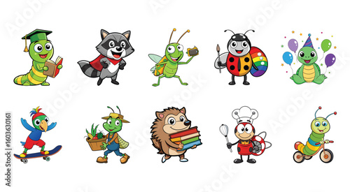 Cute cartoon animals and insects in various activities