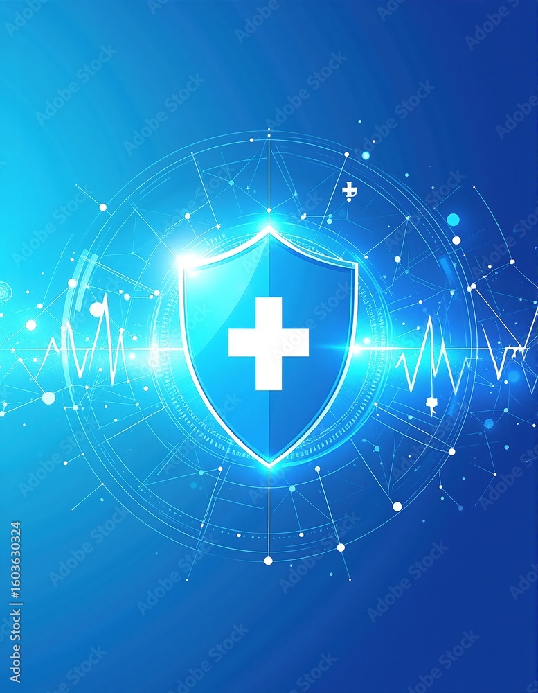 Naklejka premium A vibrant blue background features a prominent medical symbol, the caduceus, elegantly centered, symbolizing healthcare and healing.