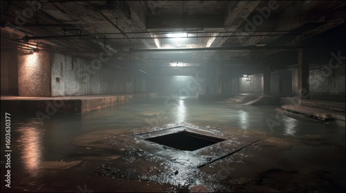 Grimy Industrial Basement with Large Floor Drain and Water Pool