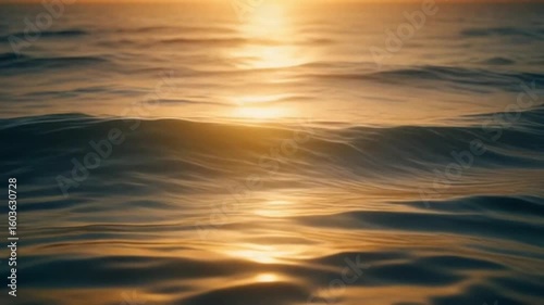 Waves Ripple Across Ocean Surface at Sunset: Golden Light Reflecting on Water in Gentle Motion, Ideal for Nature Backgrounds, Relaxation Themes, and Coastal Ambience Footage