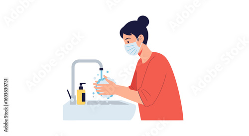 Person with mask diligently washes hands with soap and water to prevent germs