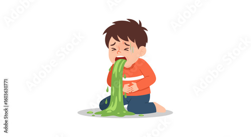 Sick child feeling unwell and vomiting green liquid, medical illness concept