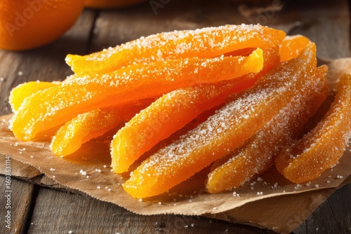 Sugared orange peel strips are arranged on parchment paper, showcasing their vibrant color and crystalline coating