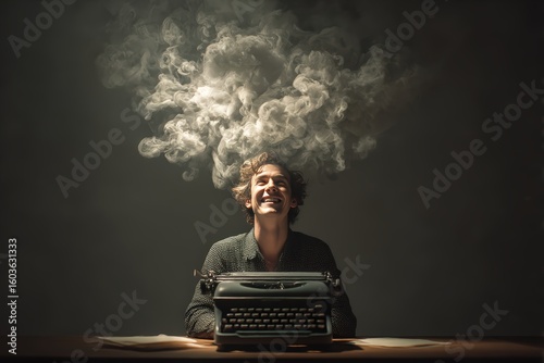 Creative writer experiencing inspiration and imagination with smoke cloud emanating from typewriter in dimly lit room