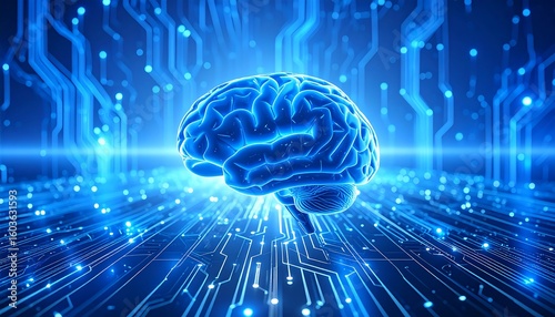A 3D rendered human brain over a circuit board background