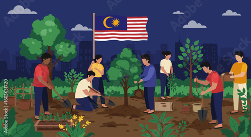 A group of young Malaysians is planting a tree in a park under the national flag, emphasizing environmental awareness and national unity through community action.