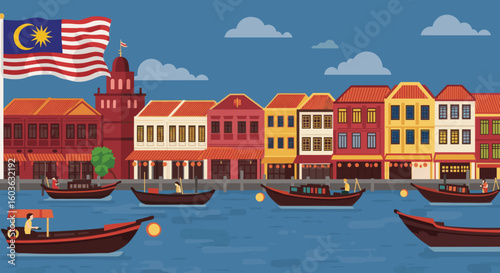 A row of colorful heritage shophouses lines a quiet street beneath a waving Malaysian flag, representing the charm and cultural legacy of Malaysia’s historic urban architecture.