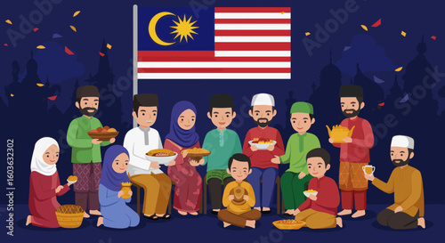 A community of Muslim families gathers in traditional attire at night to recite religious texts together in a city park, showcasing faith, culture, and unity under the stars.