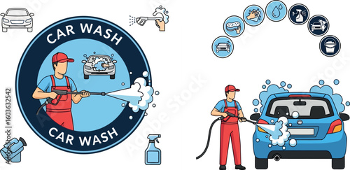 Illustrated car wash service featuring a worker cleaning a car with a pressure washer and icons