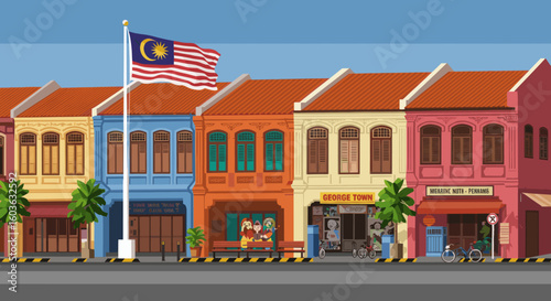 A row of colorful heritage shophouses lines a quiet street beneath a waving Malaysian flag, representing the charm and cultural legacy of Malaysia’s historic urban architecture.
