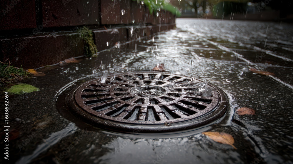 Water Droplets Falling Around Circular Drain on Rainy Day Water Droplets Falling Around Circular Drain on Rainy Day