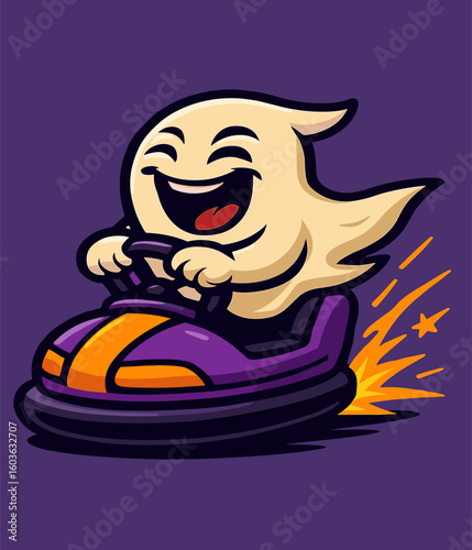 Spooky ghost laughs wildly while driving a sparking bumper car in a funky cartoon style.