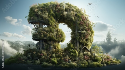 Floating Crescent Island with Temples and Waterfalls in Dreamlike