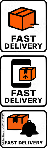 Three icons showcasing fast delivery services with boxes, a phone, and a notification bell.
