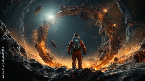 An astronaut stands amid the heat and smoke of a raging bonfire, their suit ablaze with flames, symbolizing the explosive nature of humanity's relationship