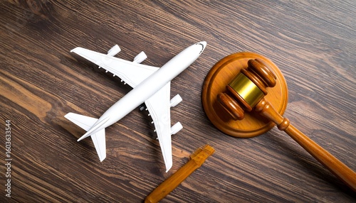 Airplane and gavel on wooden table (1)