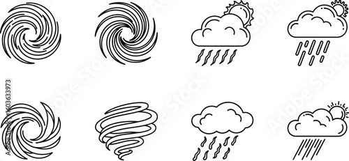 Line Art Depiction of Weather Elements Featuring Hurricanes, Tornadoes, Clouds