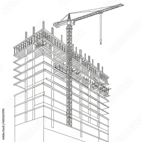 Architectural blueprint of a high-rise building under construction with a crane, depicted in a clean, minimalist line drawing style on a white background.