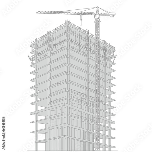 Architectural blueprint showcases a high-rise building under construction, with a crane towering above, set against a clean, minimalist white background for clarity and precision.