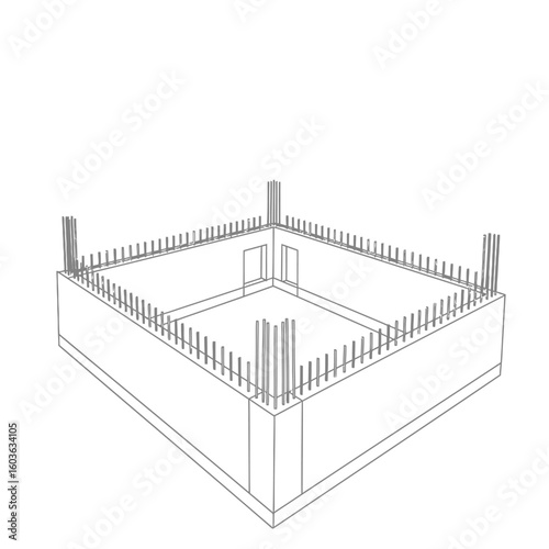A detailed architectural illustration showcases a building foundation with rebar framework, representing construction and engineering concepts, isolated on a white background.