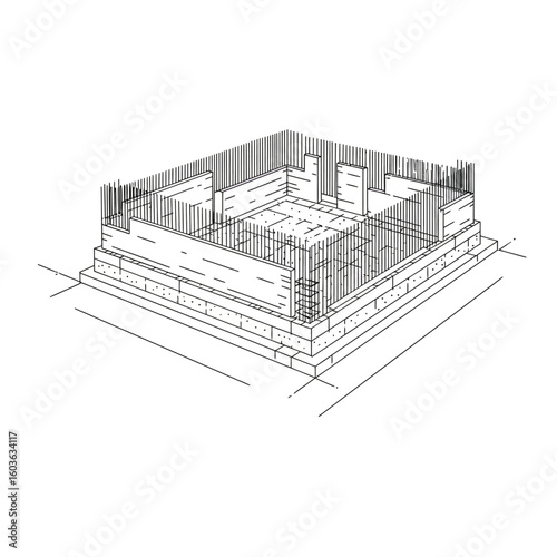 This precise black and white line art illustrates the essential groundwork and initial concrete pouring for a new architectural project.