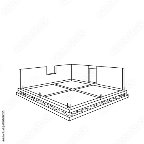 An illustration of a house foundation is presented with a concrete slab design, depicting the initial construction phase of a residential structure.