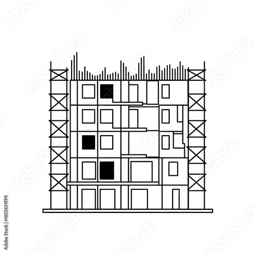Outline illustration of a multi-story building under construction with scaffolding and unfinished floors.
