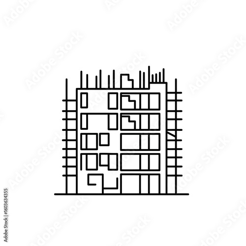Modern building construction in progress, showcasing architectural design and development with scaffolding and unfinished facade elements.