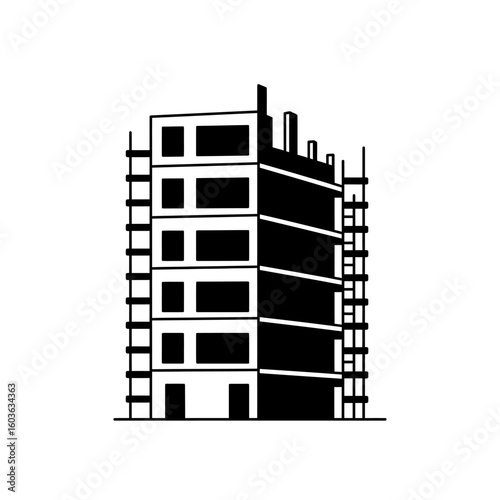A black and white illustration of a multistory building under construction, surrounded by scaffolding, suggesting growth and development in the urban landscape.